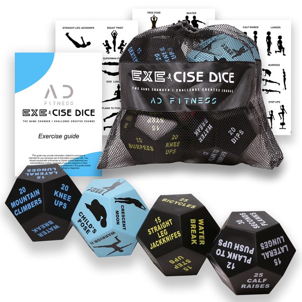 AD Fitness Yoga & Exercise Dice - Set of 4 Large Foam Dice (3x Circuit, 1x Yoga Dice) with Workout Guide & Mesh Bag-Fitness Dice for HIIT, Crossfit dice-Daily Fitness Challenge Exercise Decision Dice