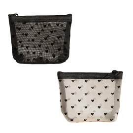 QUUPY 2Pcs 4.72x3.94x3.54Inch Mini Mesh Heart Makeup Bags Small Zipper Mesh Bags Lipstick Case Organizer Travel Cosmetic Accessories for Women Home Offices Travel(Black+Beige)