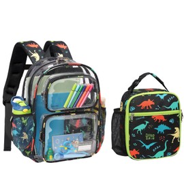 Bagseri 2pcs Clear Backpack for Boys - 15 Inch Backpack and Lunch Bag Set, Heavy Duty Transparent Bookbag for School, See Through Bag for Kids Aged 3 to 8, Black Dinosaur