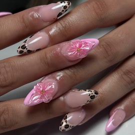 Leopard Print Press on Nails Flower Fake Nails with Design,Medium Almond False Nail Press ons Reusable Artificial Nails Glossy Full Cover Stick on Nails for Women Manicure 24 Pcs