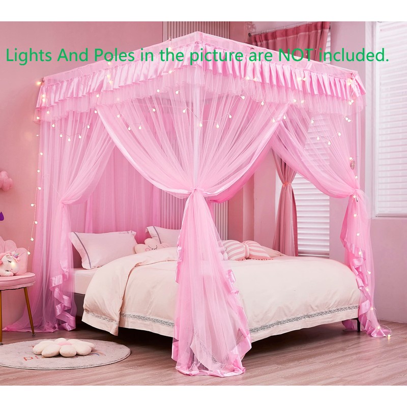 Rosa princesa 4 esquinas Post cama cortina dosel mosquitero, Rosado, Queen