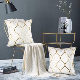 Hanrunsi Velvet Cushion Covers 18x18 Decorative Velvet Sofa Cushions 2 Pack Soft Pillowcases Golden Painted Decorative Throw Pillow Cases White for Sofa Couch Living Room