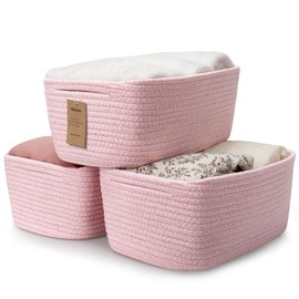 Maxuni 3-Pack Cotton Rope Baskets for Organizing, Fabric Square Storage Baskets, Woven Closet Storage Bin for storage Clothes Toys Books Towels Square Wicker Nursery basket organizer-Mixed Pink