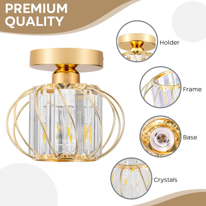 GIGGI Crystal Gold Ceiling Light, E27 Semi-Flush Ceiling Lights, Modern