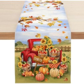 Fall Thanksgiving Table Runner Home Kitchen Dining Red Truck Pumpkins Sunflowers Maple Leaves Autumn Harvest Vintage Table Flag for Indoor Outdoor Decor 13 x 72 Inch