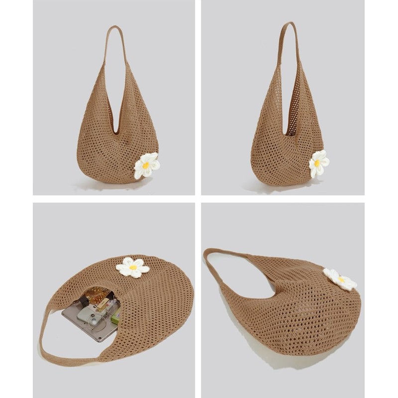 [miniministore] トートバッグ花モチーフ付き編みバッグ軽量（ブルー，ワンサイズ）