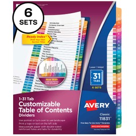 Avery 31-tab Dividers for 3 Ring Binders, Customizable Table of Contents, Multicolor Tabs, 6 Sets (11831)