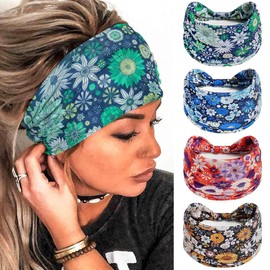 Olbye Wide Boho Headbands Floral Stretch Head Wraps Bohemian African Turban Hairbands Knotted Bandana Headband Yoga Running Head Scarfs Workout Hair Accessories for Women 4Pcs (Floral, 9.4 * 5.9'')