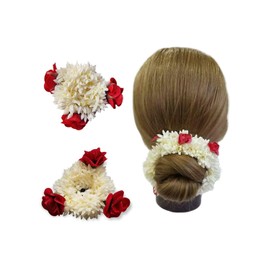 Artificial Mogra White Gajra Hair Accessories Gajra Rubber Band for Women & Girls (Pack of 2)- Red rose flower