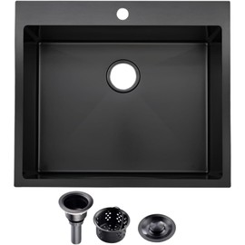 KINGO HOME 25x22 Inch Black Drop In Kitchen Sink, 25 Inch Gunmetal Black RV Laundry Utility Sink, Top Mount 16 Gauge Stainless Steel Single Bowl Deep Small Kitchen Sink