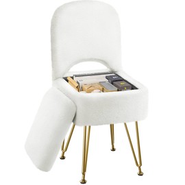 GREENSTELL Vanity Stool Chair with Storage and Folding Back, 13.4" x 15" x 30" Square Faux Fur Soft Ottoman, 4 Metal Legs with Anti-Slip Feet, Furry Padded Seat for Makeup, Bedroom, White