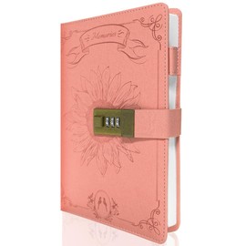 GOORAIFU Diary with Lock for Girls and Women, A5 PU Leather Journal with Code Lock, 240 Pages Password Protected Travel Notebook with Gift Box, Pink