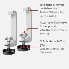 Brennenstuhl Table Clamps for Alu-Office-Line Power Strips/Clamp Holder for Desk/Table Top (Screw Terminals for Your Workplace, Suitable for Table Thicknesses from 16-60 mm)