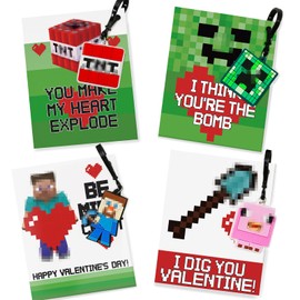 Valentines Day Gifts for Kids - 24 Video Game Valentines Cards for Kids with Keychains Bulk - Valentine Exchange for Gamer Boys and Girls School Class Classroom Party Favor