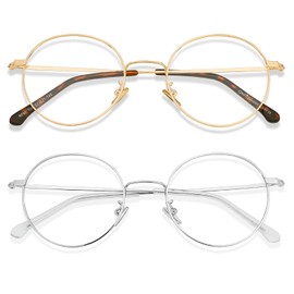 Cyxus Round Blue Light Glasses 2 Pack, Metal Frame Computer Gaming Eyeglasses for Relieve Eye Strain, Silver & Gold