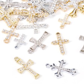Craftdady 24pcs Rhinestone Cross Pendants Crystal Golden Dangle Earring Charms Religious Cross Bracelet Charms Platinum Cross Necklace Pendants 16-32.5 mm for DIY Craft Jewelry Making, Alloy Steel, No