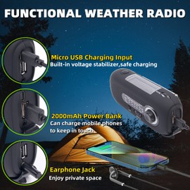 LACUCINO Emergency Weather Hand Crank Radios，SOS Alert AM FM NOAA Solar Radio with Flashlight Cell Charger for Home (Black)