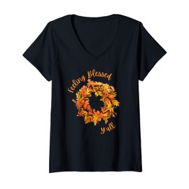 Womens FRONT PORCH DECOR Fall Door Wreath V-Neck T-Shirt