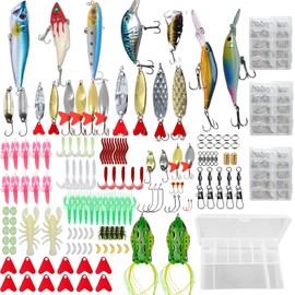 303PCS Fishing Lures Kit with Tackle Box, Bionic Bass Trout Salmon Pike Fishing Frog Minnow Crank Bait Spinner Bait Plastic Worm Jig Fishing Lure Metal Spoon Jig