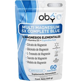 Oby Magnesio Complex 5 tipos: Citrato de Magnesio, Glicinato, Treonato, Taurato, Malato, Vitamina D3 y Espirulina Azul - Alta Pureza, Biodisponibilidad, Absorción. Polvo 600g Sabor Mora Azul, 60 tomas