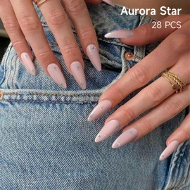 DUKASOU Semi Cured Gel Nail Strips, 28 pcs Gel Nail Stickers Full Nail Wraps, Work with Any UV Lamp, Long Lasting Gel Nail Strips, Includes Prep Pads, Nail File & Wood Stick (Aurora Star)