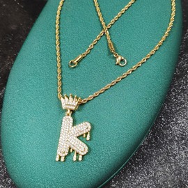 Initial Necklace for Men Women,18K Gold Plated Crown Letter Pendant with 24 Inch Chain,Cubic Zirconia Capital Monogram Pendant Necklace Jewelry Gift (Initial K)
