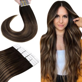 Hetto 24 Inch Remy Human Hair Tape in Hair Extensions Balayage Brown Human Hair Tape in Extensions Real Ombre Hair Extensions Tape in Straight Silky 50g 20Pcs
