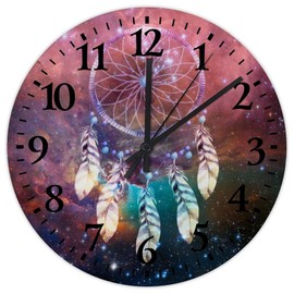 Wood Hanging Wall Clock Non-Ticking Sweep Movement Boho Moon Dream Catcher Feather Custom Wall Clocks Galaxy Outerspace Nebula Prints Wooden Wall Decor for Washroom Home Gym 10 Inch