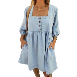 Skirt BL Denim Dress for Women Square Neck Jean Dress 3/4 Sleeve Babydoll Tiered Summer Dresses with Pockets 2025 Sky Blue