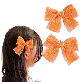 Set of 2 Colored Lace Ribbon Clips with Heart Bijou, Orange