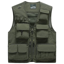 Sukany Giacca da uomo per tempo libero, lavoro all'aperto, safari, pesca, viaggio, con tasche multiple, gilet in rete per fotografia, Verde militare, XXL