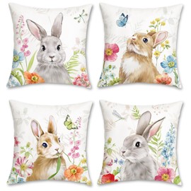Bonhause Bunny Flower Cushion Covers 45 x 45 cm Grey Brown Rabbit Floral Decorative Throw Pillow Covers for Sofa Couch Bed Home Garden Patio Decor Set of 4