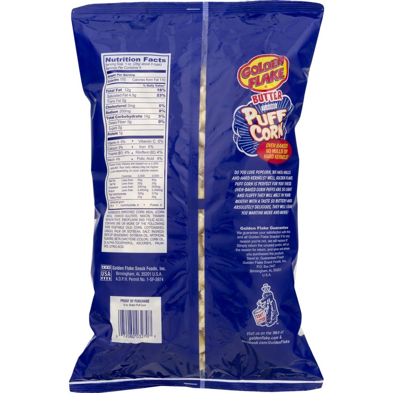 Golden Flake Puff Corn Butter, 6 oz Bags (Pack of