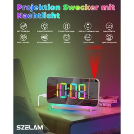 SZELAM Projection Alarm Clock,7.4 in LED Mirror Digital Clocks Projection on Ceiling Wall,with RGB Night Light,USB C Charging Port,Auto Dimming,Modern Desk Clock for Bedroom Decor - Rose Gold
