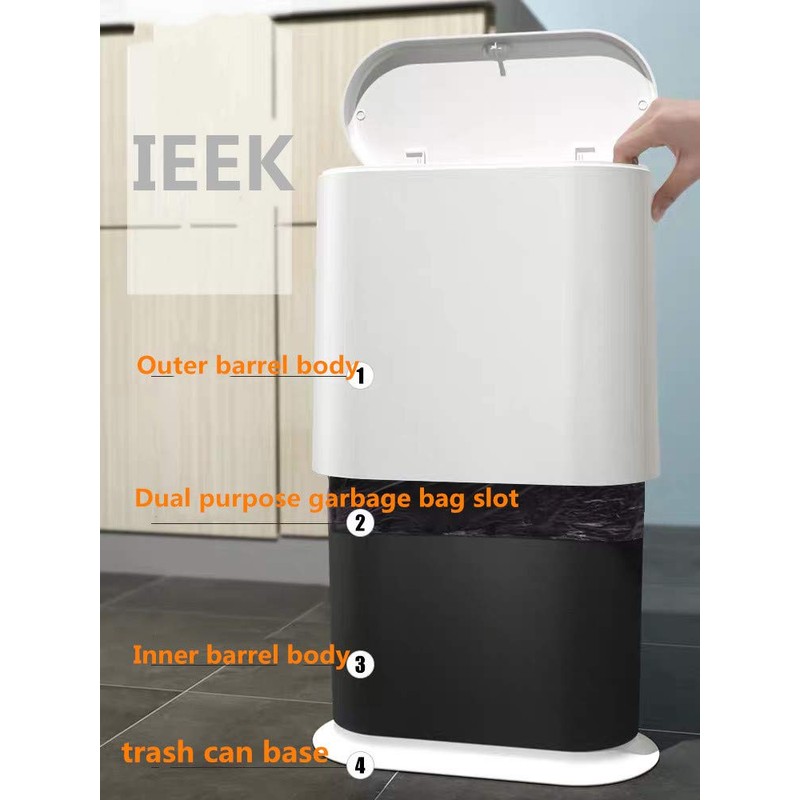 IEEK Slim Plastic Trash Can with Press Top Lid,2.4 Gallon/10