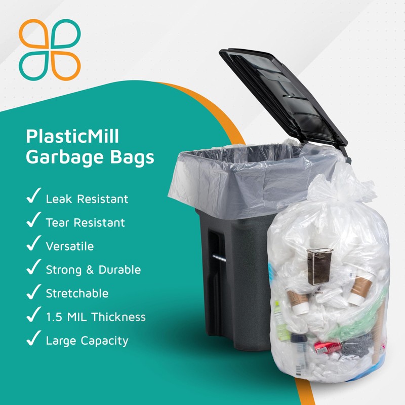 PlasticMill Heavy Duty Trash Bags - Clear Garbage Bags -