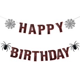 Spider Web Happy Birthday Banner, Black Spider Theme Birthday Letters Signs Hanging Bunting Decorations Pre-Strung Cartoon Theme Party Decor for Boys Kids Party Decor Supplies (Red, Black)