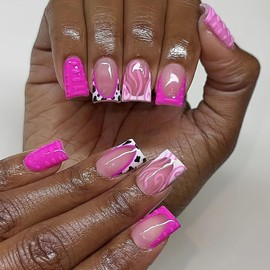 Mkwntg Pink French Tip Press on Nails Short Square Fake Nails Glossy Pink Swirl Full Cover Acrylic Nails Cute Cow Crocodile Patterns Designs Acrylic Artificial Nails for Women Girls Manicure Kit 24Pcs