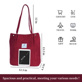 TOPASION Corduroy Tote Bag Cute Tote Bags for Women Shoulder Bag with Inner Pocket for Work Beach Travel and Shopping Grocery (Wine Red)