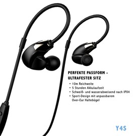 Cannice SC1412 Y4 Bluetooth Kopfhörer In Ear | Kabellose 4.1 Sport Kopfhörer Stereo mit Ohrbügel | 10m Reichweite, Ultra leicht, wasserabweisend, schwarz/Gold