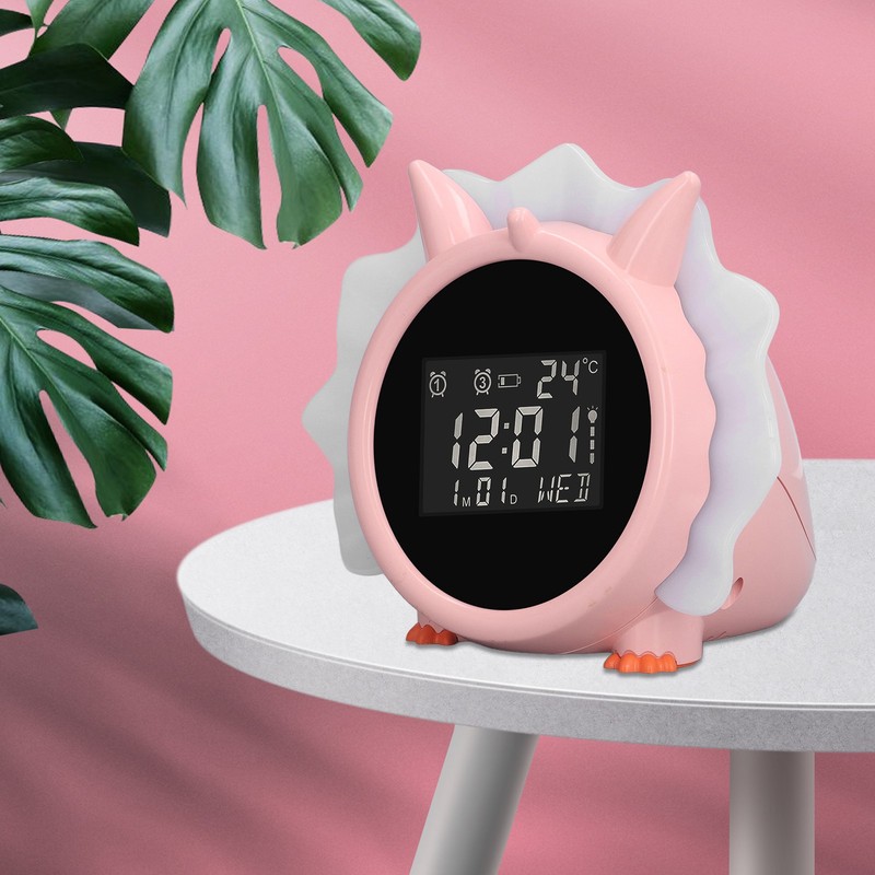 Alarm Clock Pink Dinosaur Shape Multifunctional Bedside LED Electronic Alarm