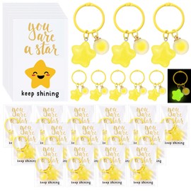 Tondiamo 25 Sets 50 Sets Glow In the Dark Star Keychains with Cards Back to School Gift for Student Classroom Prize Rewards (Yellow)