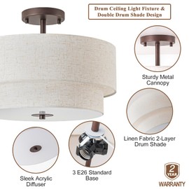 Bargeni Semi Flush Mount Ceiling Light,16 inch Double Drum Ceiling Light Fixture,3-Light Semi Flush Mount Light Fixture,Oil Rubbed Bronze Finish,Modern Ceiling Light for Living Room,Bedroom,Hallway