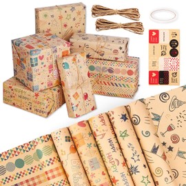 Papel de Regalo Papel Kraft Cumpleaños, 6 Hojas Papel de regalo Reciclado 70 * 50 cm, con Cuerdas 20 m y Etiqueta, 1 Cinta de Doble Cara. para Fiesta de Cumpleaños, Navidad, Año Nuevo (Retro)
