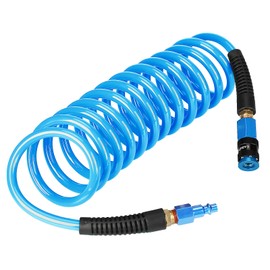 EADUTY Heavy Duty Polyurethane Recoil Air Hose 1/4 in x 10 ft, Lightweight, Flexible Compressor Hose with Universal Quick Coupler, Plug and Bend Restrictors, Blue