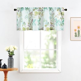 Leeva Farmhouse Whimsical Flower Valance for Windows, Linen Textured Blue Printing Decorative Window Valances for Living Room Kitchen Bathroom Basement, 52 x 18, Rod Pocket
