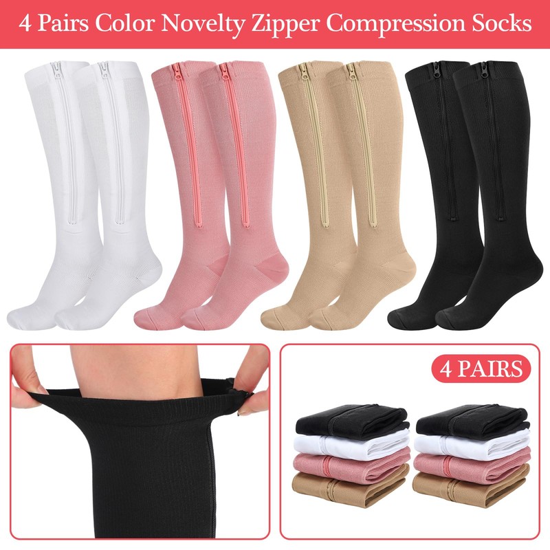 Tarpop 4 Pairs Women Zipper Compression Sock Colorful 20-30mmhg Compression