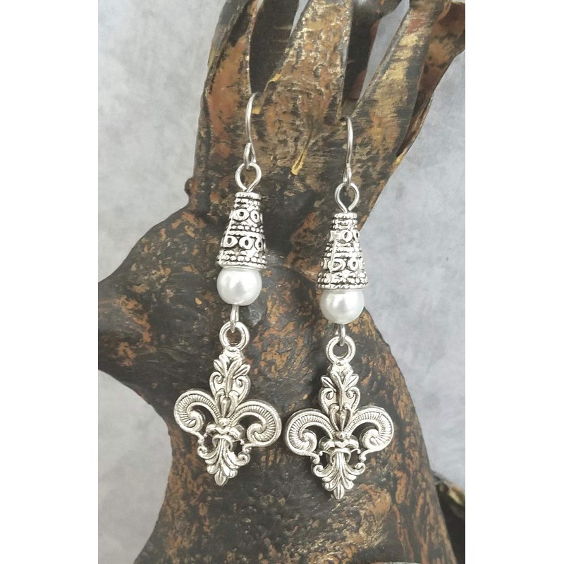 Fleur De Lis Handmade Earrings White Accent