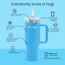 YOGI Ceramic Lined Tumbler with Handle and Straw Lid, Stainless Steel Travel Mug & Water Tumbler, Vacuum Sealed Cup with Handle - 30oz Green Mist