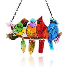 Birds On Branch Stained Glass Window Hanging, Double-Sided Stained Glass Suncatcher Hand-Painted Colorful Window Panel Hanging Decor Bird Lover Gift for Mom Grandma Teacher Home Decoration